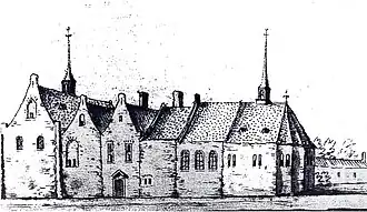 Het Collatiehuis en de Jeruzalemkapel op een prent van Jacobus Stellingwerff