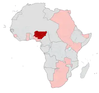 Het Britse koloniale rijk in Afrika (roze) en Noord-Nigeria (rood) in 1913