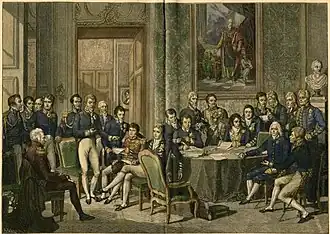 Staatslieden bijeen op het Congres van Wenen. Voorzitter Metternich staat links voor de stoel. De Franse diplomaat Talleyrand zit rechts met de arm op tafel. Op het schilderij aan de muur is keizer Frans I van Oostenrijk te zien. - Tekening naar Jean Baptiste Isabey.