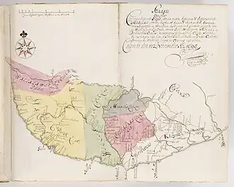 Het commandement Galle en het district Matara. Gebied bestuurd door de VOC. Kaart uit 1698.