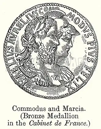 Gravure bronzen medaillon van Commodus en Marcia