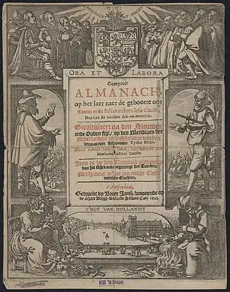 Omslag van de door Sinck vervaardigde almanak, die het jaar na zijn overlijden werd uitgegeven
