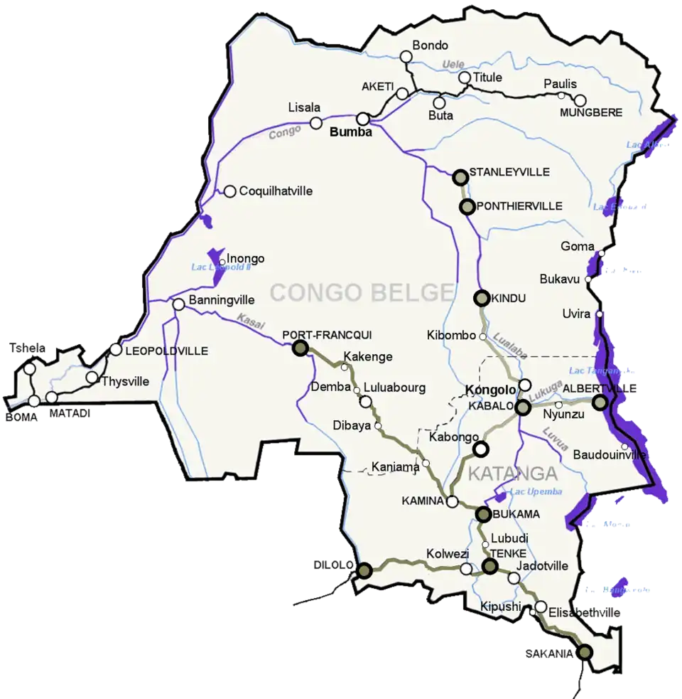 Spoorwegennet (zwart/grijs/beige) en bevaarbare waterwegen (paars) in Belgisch-Congo