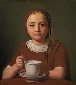 Elise Købke met een kop voor zich, 1850