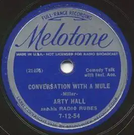 Label van de Melotone-plaat 'Conversation With A Mule' van Arty Hall and his Radio Rubes