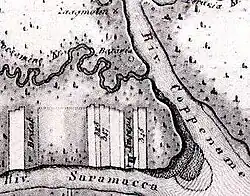 De zaagmolen bovenaan deze detailkaart is houtgrond Andresa aan de Kalebaskreek, daaronder Batavia en de Coesewijne, daaronder de plantages aan de Saramacca.