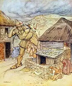 "The giant Cormoran was the terror of all the country-side.", illustratie bij English Fairy Tales van Flora Annie Steel