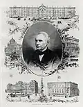 Een portret van C Outshoorn, na zijn dood in 1875 gemaakt met rondom zijn toen bekendste bouwwerken, met boven het Hotel d'Orange