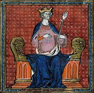 Hugo Capet als koning op zijn troon (miniatuur uit een 13e- of 14e-eeuws manuscript van de Grandes Chroniques de France, Bibliotheque Nationale).[1]