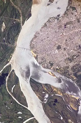 Corrientes en de rivier de Paraná, gefotografeerd vanaf het Internationale Ruimtestation (ISS)