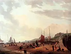 Vissersvolk en dorpsmensen op het strand bij Scheveningen, ca. 1840, privécollectie