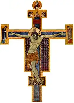 Meester van Sint-Franciscus, Crucifix met Franciscus aan de voeten van Christus, 1272, tempera en goud op paneel, 410 × 328 cm, Galleria Nazionale dell'Umbria, Perugia