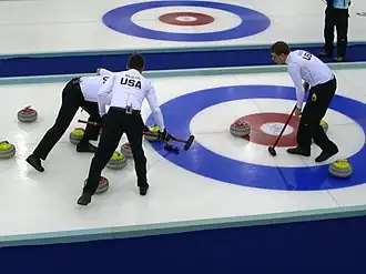 Een Amerikaans curlingteam tijdens de Olympische Winterspelen in 2006 van Turijn