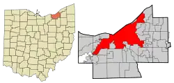 Locatie van Cuyahoga County in Ohio en van Cleveland in Cuyahoga County