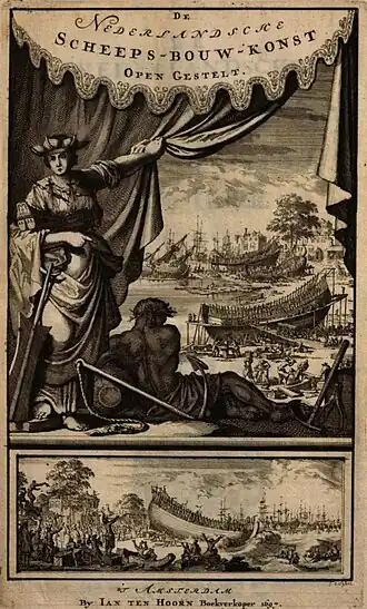 Omslagprent van het boek. Bovenste afbeelding: een scheepswerf in bedrijf. Onderste afbeelding: Een schip wordt op zijn Hollands, met de boeg voorop, te water gelaten.[1]