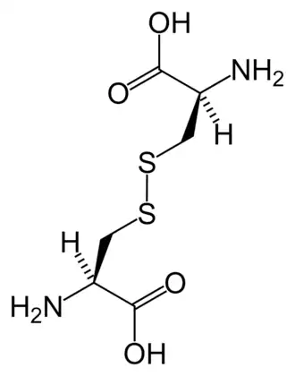 Chemische structuur van cystine gevormd uit L-cysteïne (onder biologische condities)