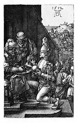 Pilatus wast zijn handen in onschuld[85] 1512 Kopergravure 117 x 75 mm Bartsch 11