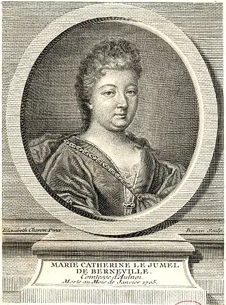 Enige bekende afbeelding van Madame d'Aulnoy. 18e-eeuwse gravure van Pierre-François Basan naar een schilderij van Elisabeth-Sophie Chéron