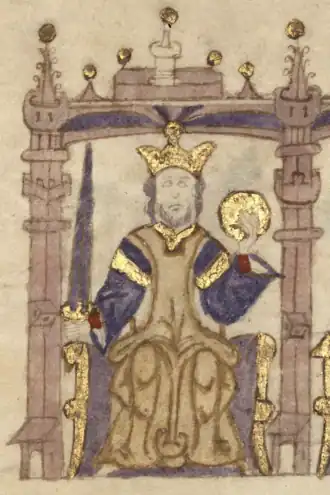 Koning Sancho I in Compendio de crónicas de reyes (ca. 1312-1325).