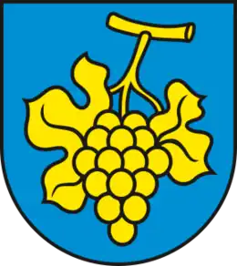 Afbeelding van een blauw schild waarop een groene druiventros staat.