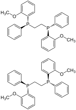Structuurformule van (S,S)-DIPAMP (boven) en (R,R)-DIPAMP (onder)
