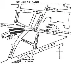 Plattegrond rond station St James's Park in 1888