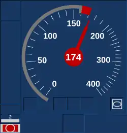 Interventiestatus. Rijden toegestaan met maximaal 160&nbsp;km/h; tot 171&nbsp;km/h gold een waarschuwing dat de trein te snel rijdt; de snelheid van de trein is nu 174&nbsp;km/h, wat nog sneller is. Het rood/grijze symbool linksonder geeft aan dat de ETCS-treinapparatuur de trein automatisch remt.