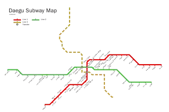 Metrokaart van Daegu – bruin gestreept is de geplande lijn 3