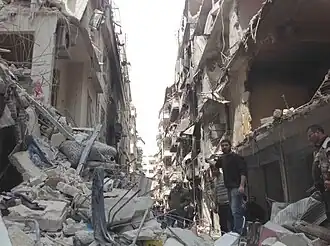 Oorlogsschade in de Christelijke wijk van Aleppo in januari 2016.