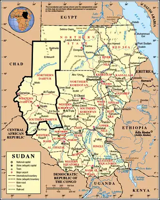 Soedan met de regio Darfur aangeduid.