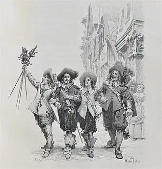 Boekillustratie De drie musketiers (1894); gravure van Jules Huyot, naar een tekening van Maurice Leloir