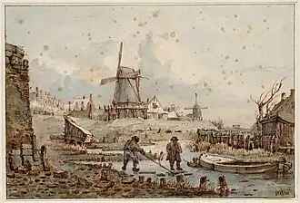 Zicht vanuit noordelijke richting op molen de Vervanger in Amsterdam, op bolwerk De Bogt. Tekening van George Pieter Westenberg, gemaakt rond 1815