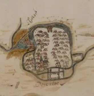 Borculo in 1643. Onderaan de afbeelding is het kasteel zichtbaar.