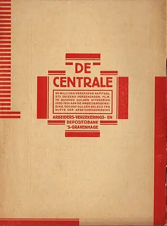 Reclame uit 1926 van "De Centrale", ontworpen door Fré Cohen (op de achterkant van een brochure van Koos Vorrink)
