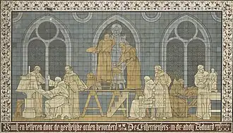 Tegeltableau aan de buitenkant van het Rijksmuseum "De Cisterciënzers in de abdij Aduard omstreeks 1200"