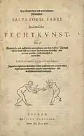 Duitse vertaling van een leerboek om te schermen door Salvator Fabris, uitgave van Isaac Elsevier, Leiden 1619.