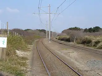 Spoorbedding langs duinlandschap, bij de keerlus Zwarte kiezel in De Haan.