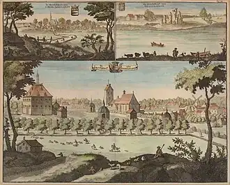 De Heerlijkheid van Oosterland, met rechtsboven de kasteelruïne (eerste helft 18e eeuw)