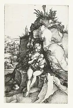 De Heilige Johannes Chrysostomus en de koningin met haar pasgeboren zoon[6] 1494—1498 Kopergravure 183 x 119 mm Bartsch 63