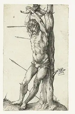 St. Sebastiaan voor een boom[27] 1499–1503 Kopergravure 115 × 71 mm Bartsch 55