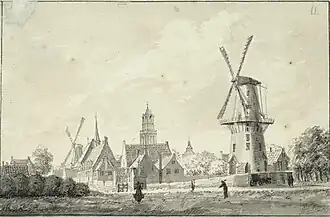 Molen De Kat in 1756 (op de achtergrond het St. Jobsgasthuis)