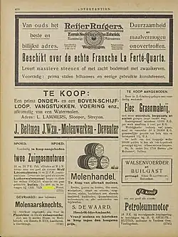 Advertentie van Van Bussel voor twee zuiggasmotoren in vakblad De Molenaar