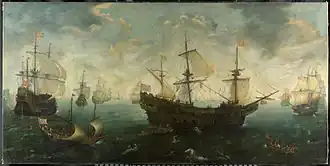 De Spaanse Armada voor de Engelse kust. Op het schilderij raakt de Armada in problemen en de Spanjaarden gooien de cavaleriepaarden overboord. September 1588