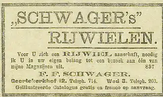 De Utrechtse fietsenhandel/rijwielfabriek Schwager aan het Geertekerkhof - Utrechtsch Nieuwsblad, 2 mei 1908