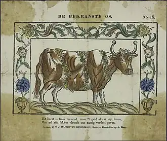 De bekranste os (ca. 1832-1849), houtsnede, centsprent