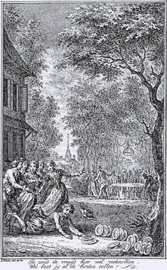 Tafereel uit De bruiloft van Kloris en Roosje, gravure uit 1781 van Simon Fokke.
