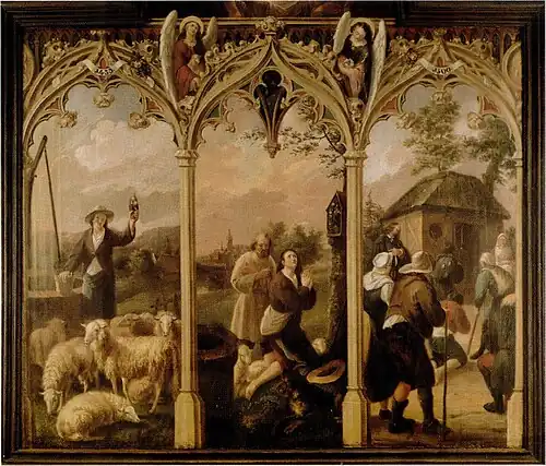 De devotie rond Onze Lieve Vrouwe in 't Zand te Roermond toont een karakteristiek verloop: bij een put wordt een beeldje aan een boom (stok) gehangen dat daar op wonderbaarlijke wijze terechtgekomen is. Later komt er een kapel: de Kapel in 't Zand. Het toponiem stok is hier niet aanwezig. Anoniem schilderij, 2e helft 19e eeuw.