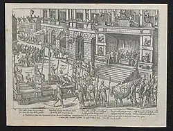 De hertog van Anjou legt de eed af aan de stad Antwerpen voor het Stadhuis op 22 februari 1582 (Prentenkabinet Universiteit Antwerpen)
