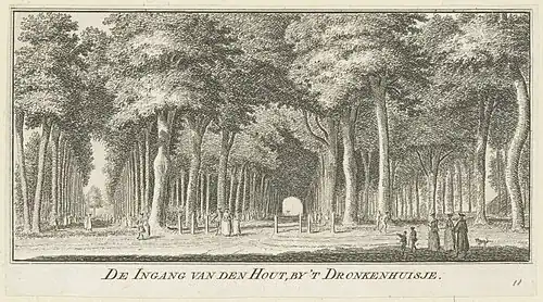 De ingang van de Hout bij 't Dronkenhuisje. De Spanjaardslaan, ziende naar het oosten en andere laan vanaf het Dronkenhuisje omstreeks 1761