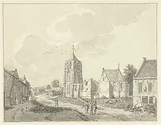 Tekening van de deels ingestorte kerk door Hermanus Petrus Schouten (18e eeuw)